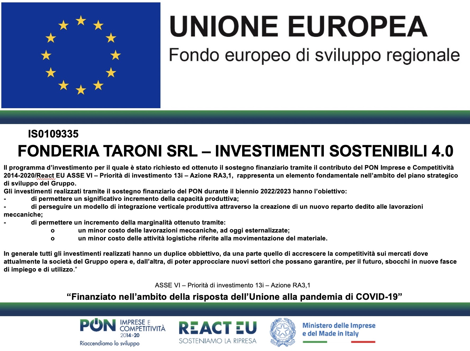 FONDERIA TARONI SRL – INVESTIMENTI SOSTENIBILI 4.0